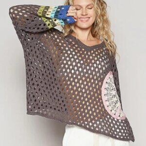 NWT POL Open-Knit Crochet Charcoal Grey Sweater Size S Boho Oversized V Neck